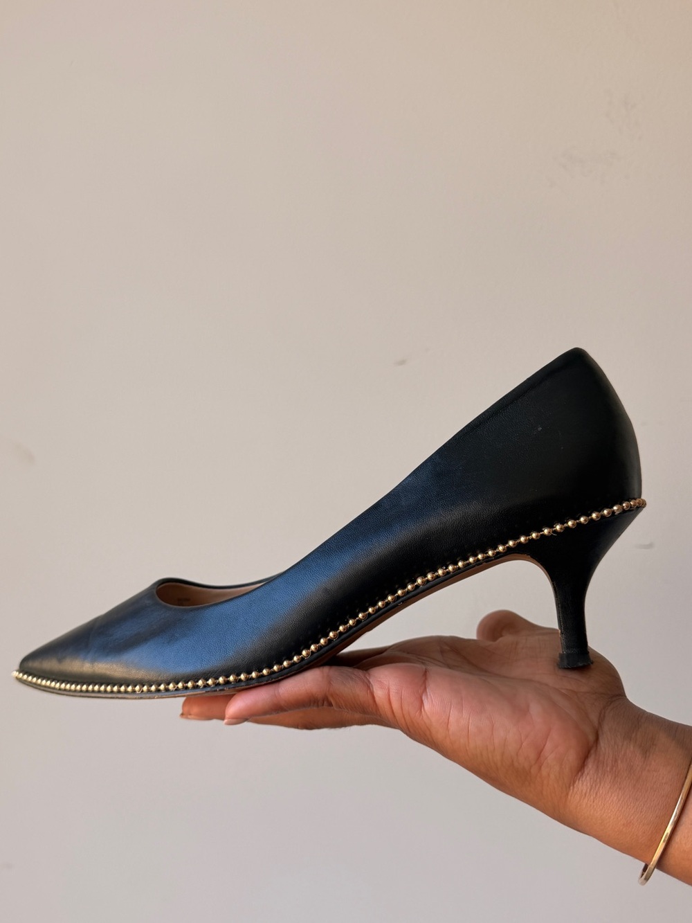 Coach Black Pointed Toe Kitten Heel Pumps with Gold Beaded Trim
